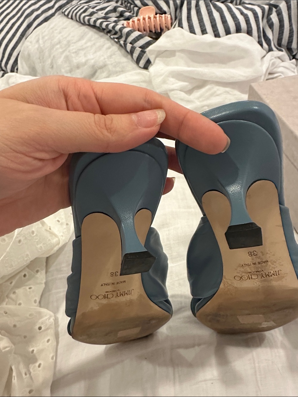 Jimmy Choo Light Blue Knotted Leather Heeled Mules Avenue Smoky Blue - Picture 5 of 7